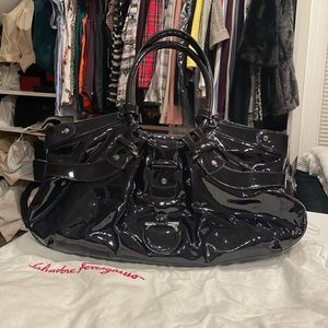 Ferragamo Gancini Black Patent Leather Bag